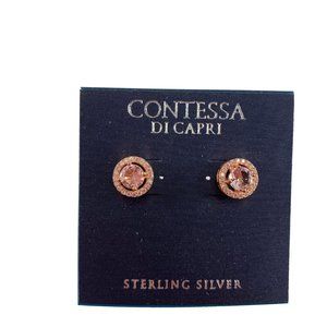 Contessa Di Capri Earrings Sterling Silver Studs Cubic  Zirconia Rose Gold Tone